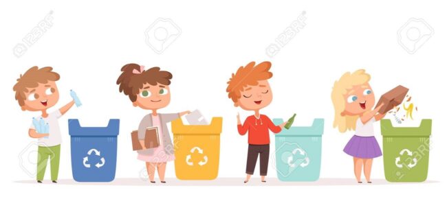 Kids recycling garbage. Saving nature ecology safe environment protection healthy recycling processes vector cartoon characters