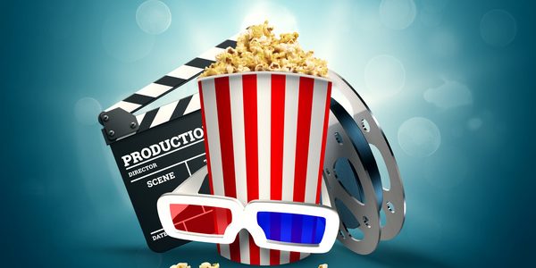 Online movies, cinemas, an image of popcorn, 3d glasses, a movie film and a blackboard on a blue background. The concept of a cinema on the Internet, a mobile cinema, realistic illustration, 3d.